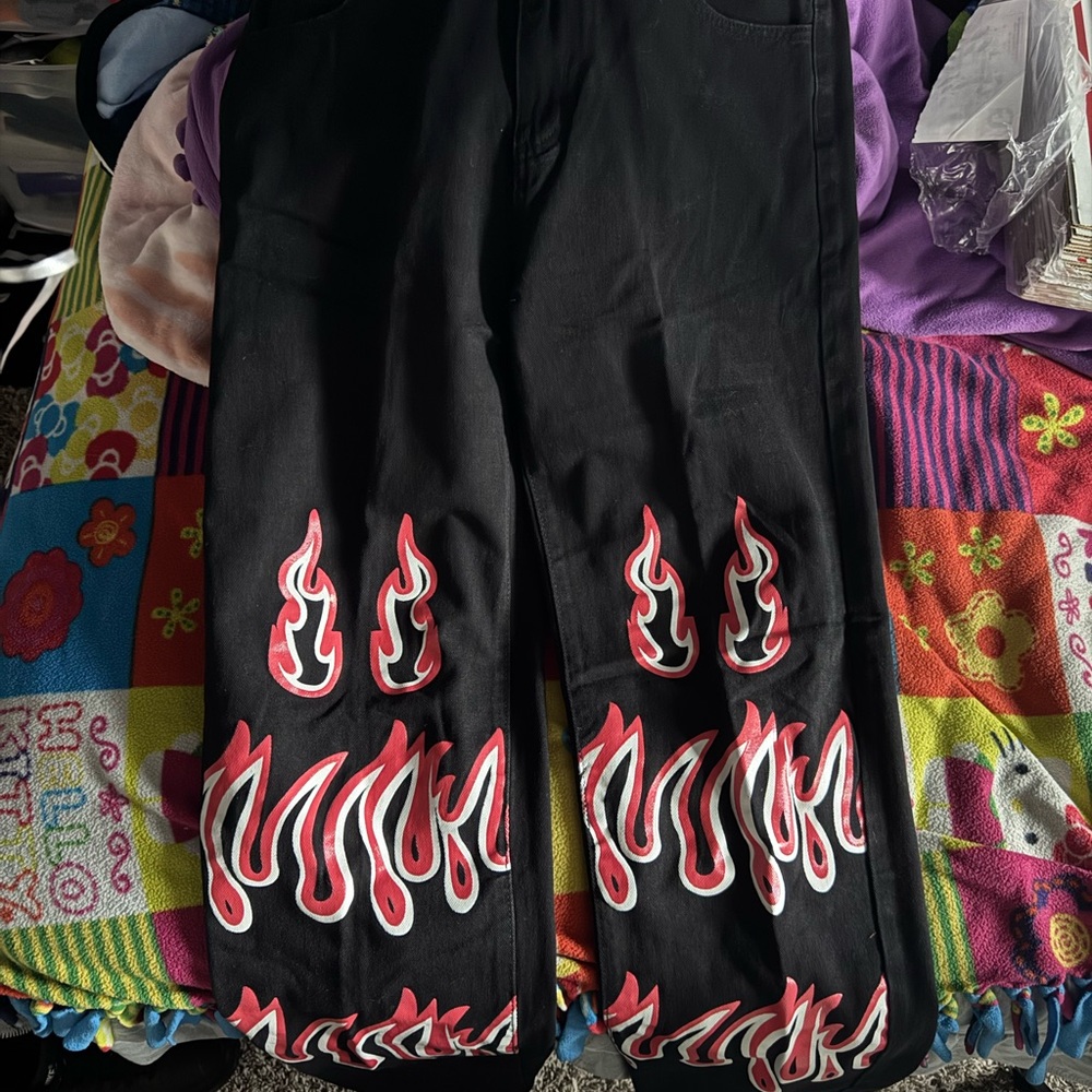 Black Pants with Red Flame Design